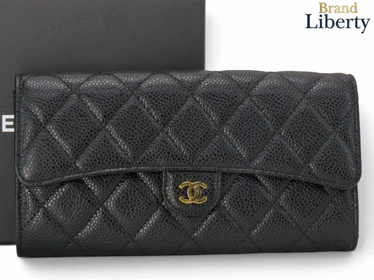 【未使用】シャネル CHANEL マトラッセ ココマーク クラシック ロング フラップウォレット キャビアスキン 二つ折り長財布 ブラック ゴールド金具 グレインドカーフスキン AP0241 A80758　【中古】