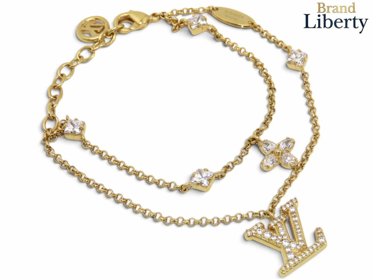 Rakuten - 【美品】ルイヴィトン LOUIS VUITTON ブレスレット レディ LV ラインストーン ダブルチェーン 腕輪 ゴールド ラインストーン M1582A　【中古】