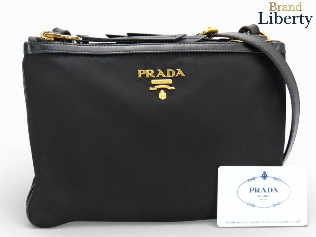 乐天商城 - 【美品】プラダ PRADA ナイロン ソフトカーフレザー 2連 斜め掛け ショルダーバッグ ショルダーポーチ ポシェット NERO ブラック ナイロン カーフレザー 1BH046　【中古】