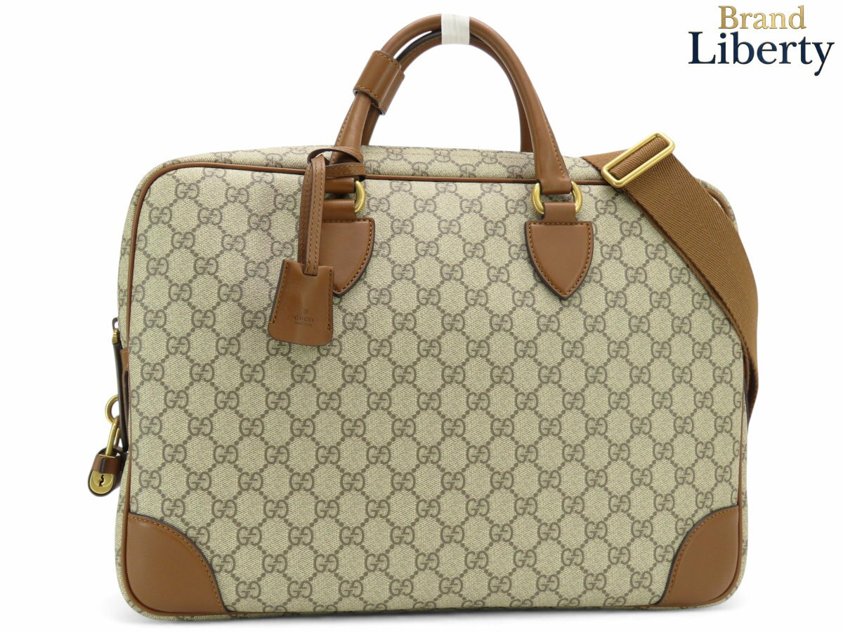 GUCCI - 【未使用】グッチ GUCCI GGエンブレム GGスプリーム ミディアム ブリーフケース 2WAY ビジネスバッグ 書類かばん ベージュ ブラウン PVC レザー 821149　【中古】