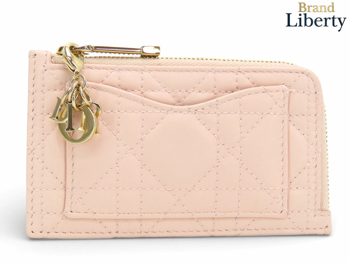 【新品同様】クリスチャン ディオール Christian Dior Lady Dior Cosmos レディディオールコスモス カナージュ ジップカードホルダー カードケース パスケース コインケース コンパクト財布 パウダーピンク ラムスキン S0965ONMJ_M413　【中古】