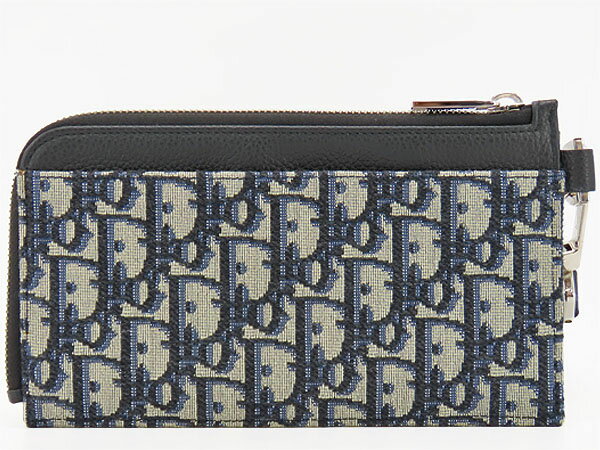 【超美品】クリスチャン ディオール　Christian Dior　トロッター オブリーク ジャカード　L字ファスナー 札入れ長財布　クラッチバッグ　ハンドポーチ　ストラップ付　ブラック ベージュ ネイビー　キャンバス カーフスキン　【中古】