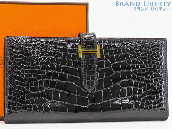 【ほぼ新品】エルメス HERMES ベアンスフレ アリゲーター シャイニー 二つ折り長財布 マチ有り クロコダイル ブラック ゴールド金具 □J 【中古】