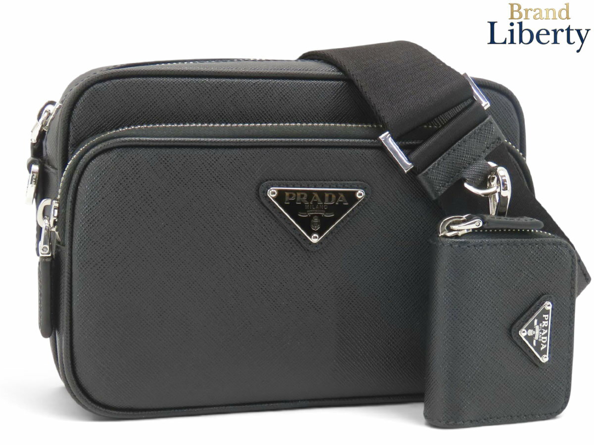 Rakuten - 【新品同様】プラダ PRADA サフィアーノ トライアングル 斜め掛け ショルダーバッグ メッセンジャーバッグ ポシェット ショルダーポーチ ポーチ付き ブラック カーフレザー 2VH170　【中古】