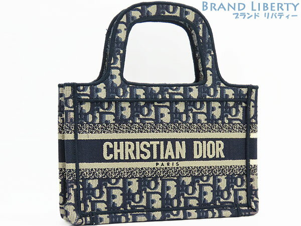 【新品同様】クリスチャン ディオール　Christian Dior　オブリーク　エンブロイダリー　ブックトート　ミニバッグ　ハンドバッグ　ネイビー アイボリー　キャンバス　S5475ZRIW_M928　【中古】