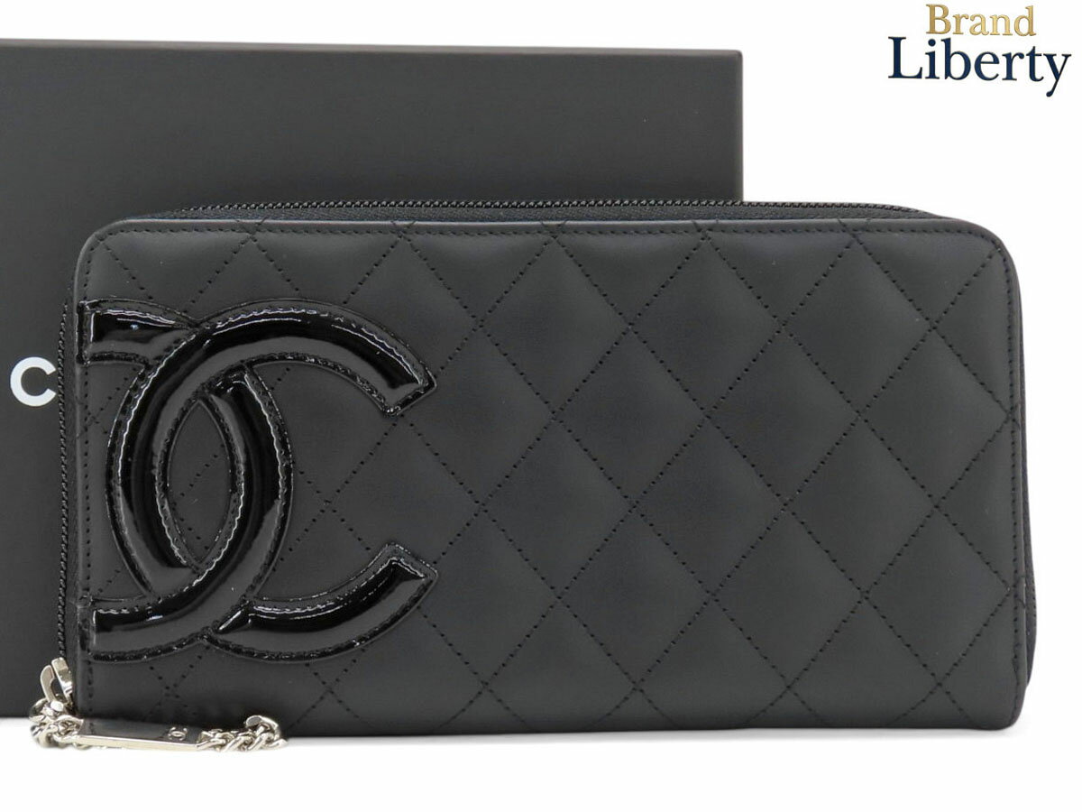 乐天商城 - 【超美品】シャネル CHANEL カンボンライン ココマーク ラウンドファスナー長財布 ブラック ブラック エナメル ピンク カーフスキン A50078　【中古】