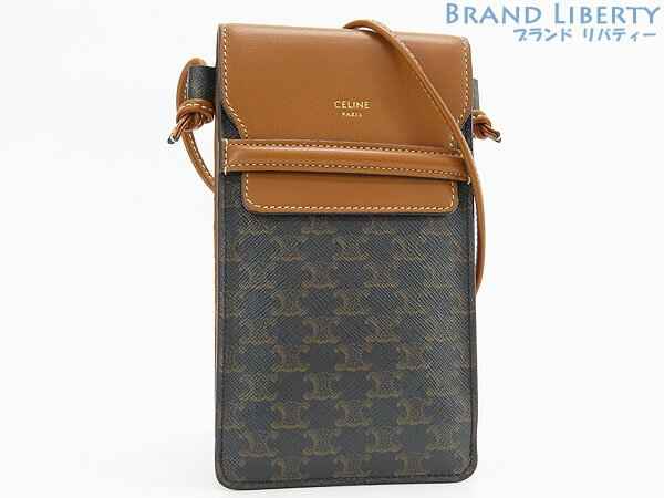 【新品同様】セリーヌ　CELINE　トリオンフ　フラップ付き モバイルポーチ　スマートフォンケース　フォンポーチ　ポシェット　ポーチ　斜め掛けショルダーバッグ　タン ブラック ブラウン　10G332CQD.04LU　【中古】