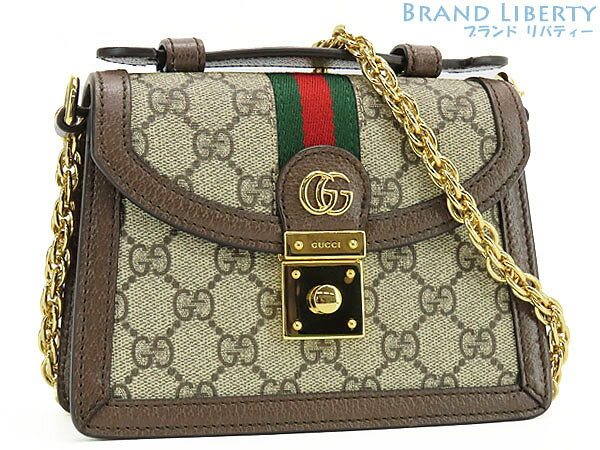 【ほぼ新品】グッチ GUCCI オフィディア GGスプリーム シェリーライン チェーン ミニ ショルダーバッグ 斜め掛け ショルダーバッグ ポシェット ポーチ ハンドバッグ シェリーカラー ベージュ ダークブラウン PVC レザー 696180 【中古】
