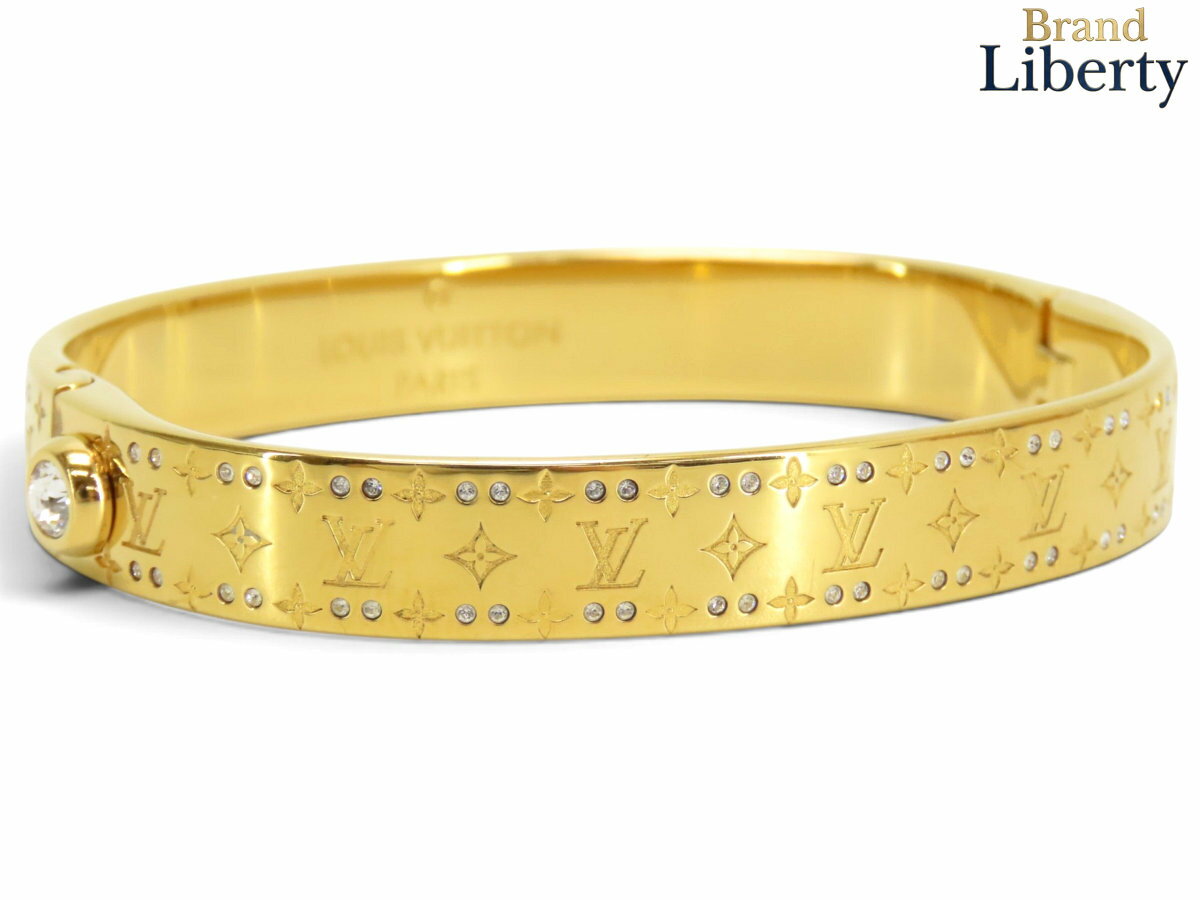 【美品】ルイヴィトン LOUIS VUITTON リジッド ブレスレット ナノグラム ストラス バングル ゴールド スワロフスキー M64861　【中古】