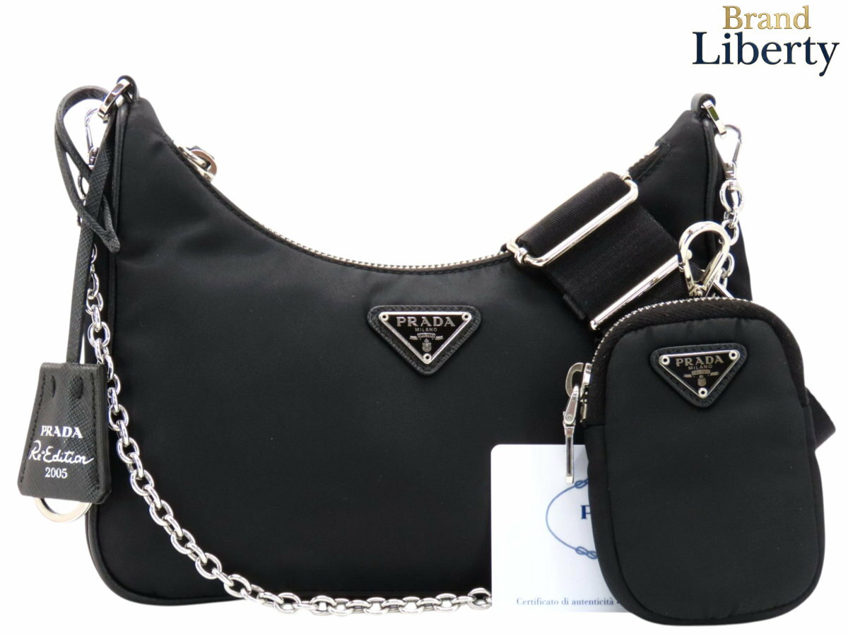 乐天商城 - 【超美品】プラダ PRADA Re-Edition 2005 テスート ナイロン セミショルダーバッグ ワンショルダーバッグ ホーボーバッグ ハンドバッグ ポシェット アクセサリーポーチ ポーチ付き NERO ブラック シルバー金具 ナイロン サフィアーノレザー 1BH204　【中古】