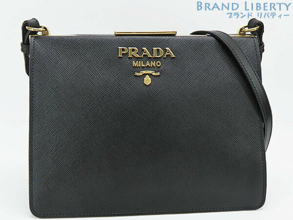 【美品】プラダ　PRADA　サフィアーノ　ライトフレームバッグ　ショルダーバッグ　ポシェット　ポーチ　がま口バッグ　NERO ブラック ゴールド金具　1BK046　【中古】