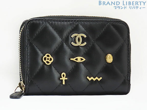 【激レア未使用】シャネル　CHANEL　マトラッセ　ココマーク　チャームエンブロイダリー　スタッズ　ラウンドファスナー　コインケース　小銭入れ　コンパクト財布　カードケース　パスケース　名刺入れ　ブラック　ラムスキン　A81610　【中古】のサムネイル