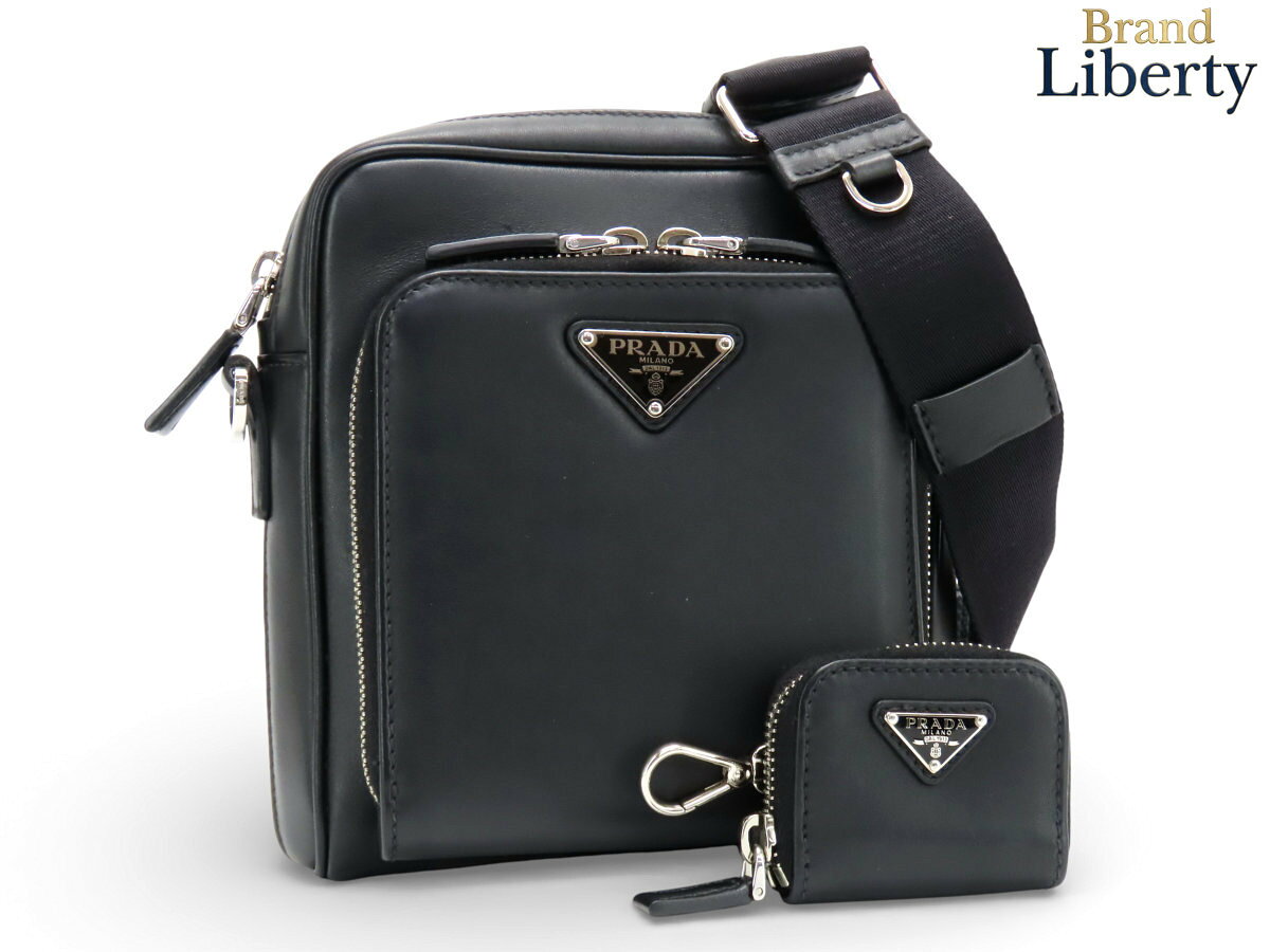 乐天商城 - 【美品】プラダ PRADA トライアングル レザー 斜め掛け ショルダーバッグ メッセンジャーバッグ ポシェット ポーチ付き ブラック レザー 2VH168　【中古】