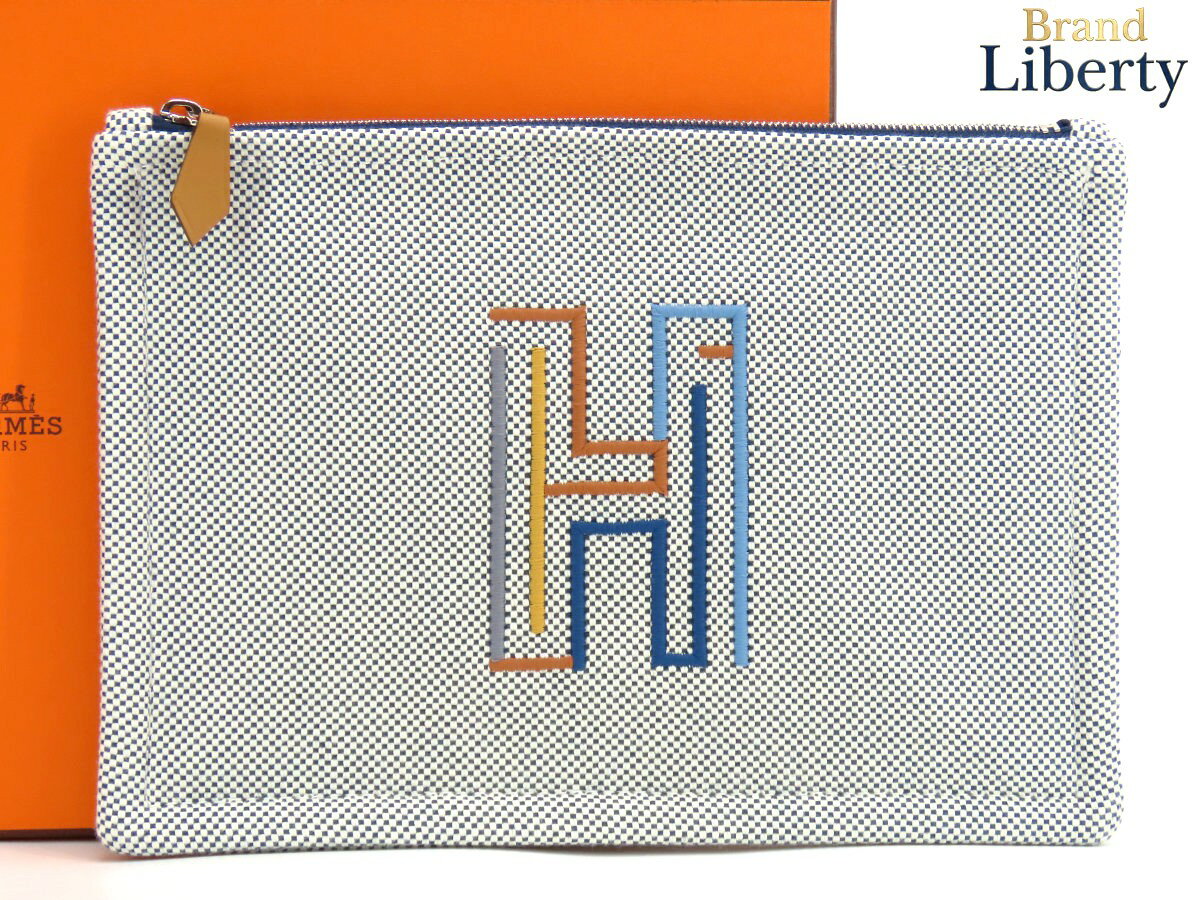 Rakuten - 【新古品】エルメス HERMES フラットポーチ Hラビリンス PM 刺繍入り 小物入れ クラッチバッグ セカンドバッグ マリン コットン100％ H103973M 04　【中古】