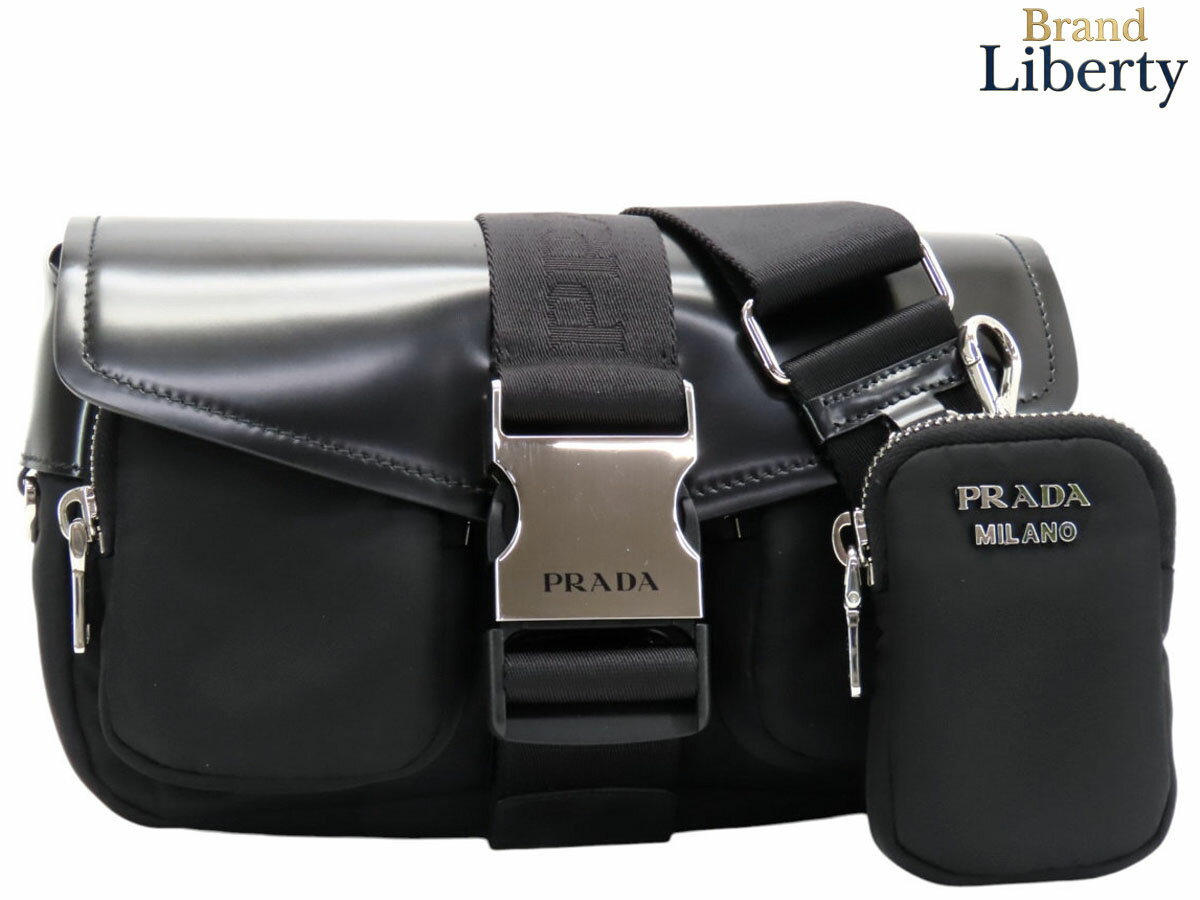 乐天商城 - 【新品同様】プラダ PRADA リナイロン Re-Nylon ブラッシュドレザー 斜め掛け ショルダーバッグ ショルダーポーチ ポシェット ポーチ付き NERO ブラック リナイロン 再生ナイロン カーフレザー 1BD295　【中古】