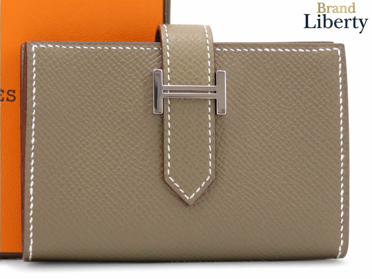 乐天商城 - 【新古品】エルメス HERMES ベアン ミニ コインケース コインパース 小銭入れ カードケース パスケース 名刺入れ コンパクト財布 エトゥープ ベージュ シルバー金具 ヴォーエプソン H039796CK 18 W刻　【中古】