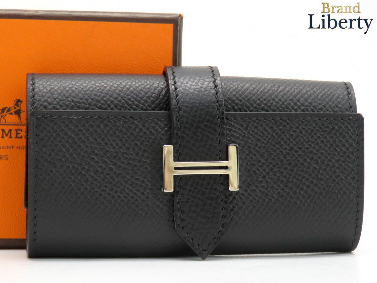 【ほぼ新品】エルメス HERMES ベアン 6連 キーケース キーリング キーホルダー ブラック シルバー金具 ヴォーエプソン □J刻　【中古】