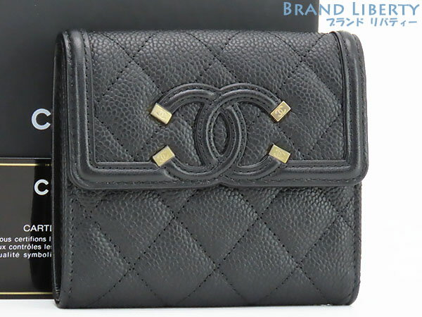 【未使用】シャネル CHANEL CCフィリグリー スモール フラップ ウォレット キャビアスキン 三つ折り財布 コンパクト財布 ブラック グレインドカーフスキン A81940 【中古】