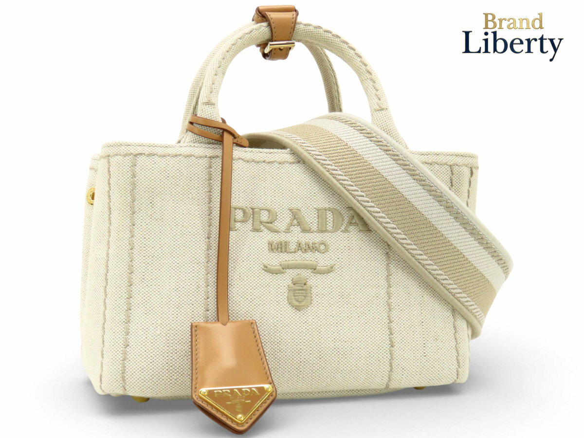 【超美品】プラダ　PRADA　CANAPA カナパ ミニ　ジャルディニエール リネンブレンド　2WAY ミニハンドバッグ　ショルダー トートバッグ　刺繍　ナチュラル ベージュ　コットン リネン レザー　1BA038　【中古】(4.0)