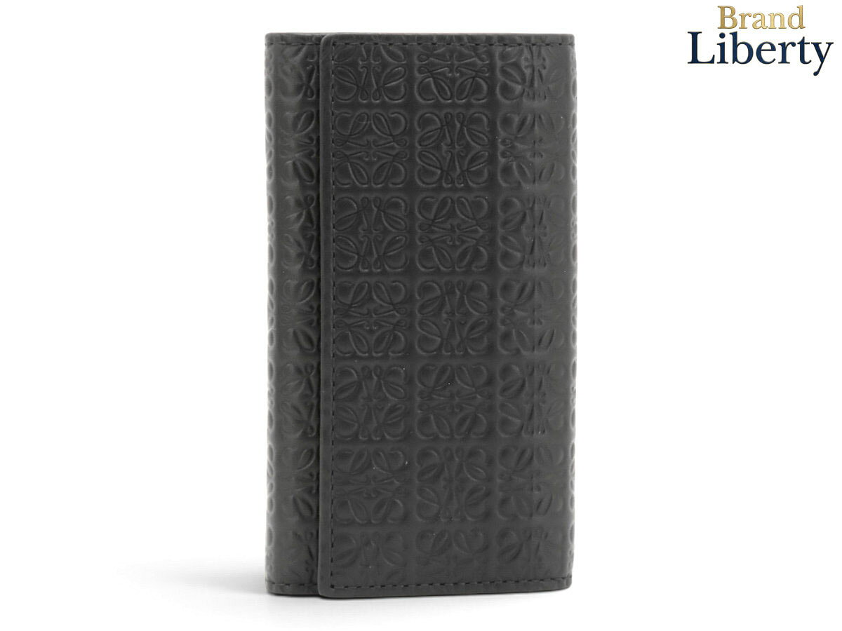 【超美品】ロエベ LOEWE リピートアナグラム 6連キーケース キーリング キーホルダー ブラック ゴールド金具 エンボスシルクカーフレザー C499K92X01　【中古】
