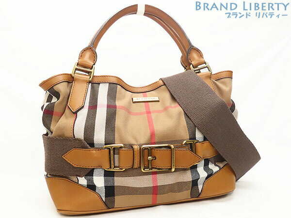 【美品】バーバリー　BERBERRY　チェック柄　2WAY ハンドバッグ　ショルダーバッグ　トートバッグ　ベージュ　キャンバス　レザー　イタリア製　【中古】