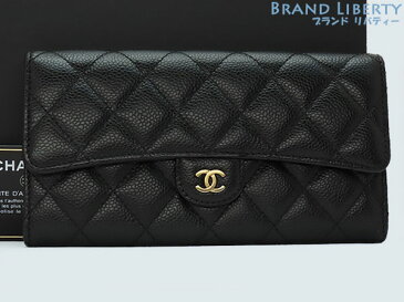 【美品】シャネル CHANEL マトラッセ ココマーク クラシック ロング フラップウォレット 二つ折り長財布 キャビアスキン ブラック ゴールド金具 A80758 【中古】