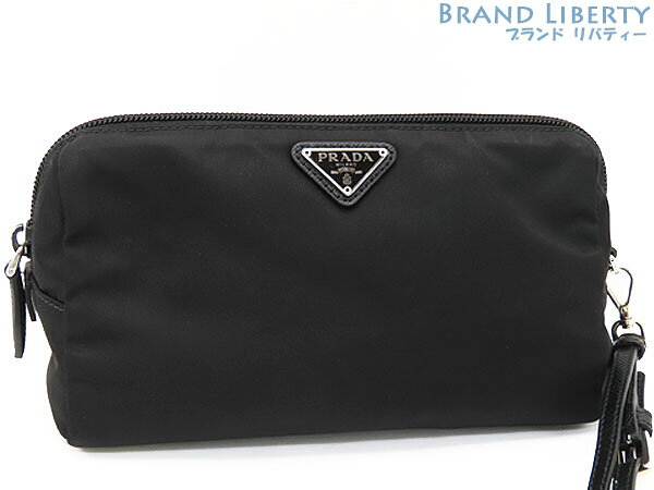 【超美品】プラダ　PRADA　ナイロン　ポーチ　コスメポーチ　化粧ポーチ　ハンドポーチ　小物入れ　マルチケース　ブラック　ナイロン サフィアーノレザー　1NE693　【中古】