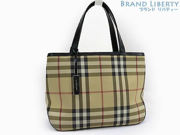 【美品】バーバリー　BURBERRY　ロンドン　チェック柄　トートバッグ　ハンドバッグ　イタリア製　ベージュ ブラック　PVC レザー　【中古】