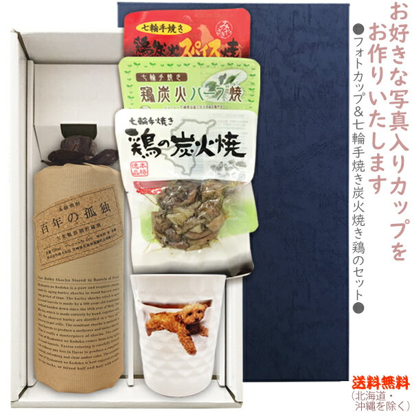 百年の孤独 麦焼酎 【送料無料（北海道・沖縄を除く）】『麦焼酎　百年の孤独 720ml』の【フォトカップ＆七輪手焼き炭火焼鶏のセット】焼鶏×3種　カップ〔ギフト箱K付〕【□】【常温配送限定】