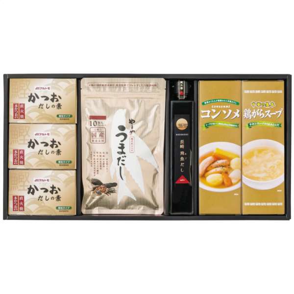 料理の味の決め手、だしにこだわった詰め合わせ。■商品名だしづくしギフトセット Dasi-DN■セット内容(1セット)やまやうまだし(8g×10包)1袋・マルトモかつおだしの素(4g×4袋)3箱・長崎飛魚だし200ml×1本・コンソメ(5g×10袋)・鶏がらスープ(5g×10袋)各1箱■賞味期間製造日より常温約360日■製造日本製■アレルゲン表示乳成分・小麦■箱サイズ47.7×24.5×4.7cm・80サイズ・1000g■品番Dasi-DN※内容・デザインなど変更になる場合があります。※送料無料（但し沖縄・一部地域除く）※のし対応・ラッピング無料・メッセージカード無料・配送日指定※のしの名入れのご希望は備考欄へ。(名入れ「山内」)※お買い物マラソン 楽天スーパーセール ワンダフルデー 0のつく日 5のつく日 ナコレ ブラックフライデー 楽天イーグルス感謝祭 ポイント2倍 ポイント5倍 ポイント10倍などのキャンペーンは楽天会員様のみ有効となりますのでご了承ください。ギフト対応【熨斗（のし）の書き方】≪慶事≫>■蝶結び---------------何度繰り返してもよいお祝い事に使用します。例：出産内祝い（出産祝いのお返し）/出産祝い/お中元/お歳暮/お祝い/新築祝いのお返し/入学祝い/入園祝い/就職祝い/成人祝い/初節句■表書き無し（慶事結婚以外） 御祝（結婚以外） 御出産祝 御入学祝 御就職祝 御新築祝 御昇進祝 御昇格祝 御誕生日祝 御礼（結婚以外） 内祝（結婚祝い 快気祝い以外） 新築内祝 御中元(お中元) 暑中御伺い 暑中御見舞 残暑御見舞 母の日 父の日 敬老の日 祝成人 成人祝い 粗品 御餞別 寸志 記念品 贈答品 御歳暮(お歳暮) 御年賀(お年賀) 御土産 拝呈 贈呈 謹謝 ■結びきり10本----------一度きりであってほしい場合に使用します。（婚礼関連のみに使用）例：引き出物/名披露目/結婚内祝い（結婚祝いのお返し）/結婚祝い■表書き無し（結婚） 御祝（結婚） 御結婚御祝 寿 壽 御礼（結婚） 内祝（結婚）■結びきり--------------一度きりであってほしい場合に使用します。例：快気祝い（病気見舞い） 快気内祝い（病気見舞いのお返し）■御見舞（快気） 快気祝 快気内祝≪弔事≫■黒白結び切り（ハス柄）----弔事に使用します。※その他ギフト関連キーワード命名 赤ちゃん ノベルティー 景品 写真 かわいい カワイイ かっこいい カッコイイ 美味しい おいしい 参加賞 サンクスギフト ウェルカムギフト クリスマスプレゼント バレンタイン バレンタインデーギフト スイーツ ホワイトデーギフト テレワーク リモートワーク ステイホーム 冬ギフト 夏ギフト お彼岸 御彼岸 自粛見舞 感謝 送品 引出物 通学 通勤 料理 幼稚園 小学校 中学校 高校 会社 企業 法人 安い お茶菓子■お届け対応地域一覧北海道 本州 東北地方 青森県 岩手県 宮城県 秋田県 山形県 福島県 関東地方 茨城県 栃木県 群馬県 埼玉県 千葉県 東京都 神奈川県 中部地方 新潟県 富山県 石川県 福井県 山梨県 長野県 岐阜県 静岡県 愛知県 近畿地方 三重県 滋賀県 京都府 大阪府 兵庫県 奈良県 和歌山県 中国地方 鳥取県 島根県 岡山県 広島県 山口県 四国 四国地方 徳島県 香川県 愛媛県 高知県 九州 沖縄 九州 沖縄地方 福岡県 佐賀県 長崎県 熊本県 大分県 宮崎県 鹿児島県 沖縄県 ※一部地域除当店おすすめの注目商品/当店人気No.1商品 モンドセレクション最高金賞受賞 飲む温泉水「観音温泉水」/全国送料無料 RINGBELL(リンベル)カタログギフト/結婚 出産内祝いに 女性に人気のパスタギフトセット/贈り物に悩んだらこれスターバックスコーヒーギフト/出産祝いにkaloo(カルー)その他ベビー キッズマタニティグッズも充実/空間に素敵なエッセンス インテリア 収納 雑貨おしゃれな家具■所在地静岡県沼津市上香貫三貫地1244■決済方法クレジットカード決済 楽天バンク決済 銀行振込み 代金引換(代引き) セブンイレブン決済 ローソン決済 NP後払い auかんたん決済 Edy決済