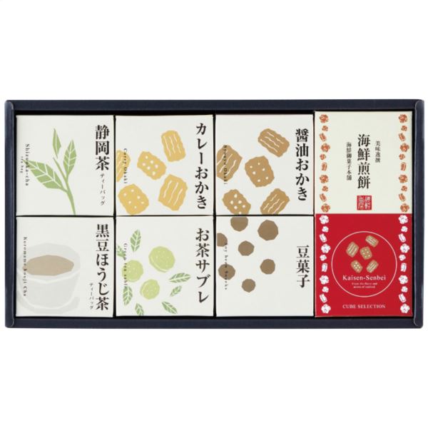 香り豊かな日本茶とお茶に良く合うお菓子。静岡のお茶屋さんがこだわった詰合せギフトです。▼商品名キューブセレクション和の緑茶詰合せ CB-DO▼セット内容(1セットあたり)静岡県産深蒸し茶ティーバッグ(2.5g×7袋)・黒豆ほうじ茶(2.5g×7袋)・海鮮煎餅20g・豆菓子(黒ごま味)45g・おかき24g(醤油・カレー)・お茶サブレ(3本)各1箱▼賞味期間製造日より常温約270日▼製造日本製▼アレルゲン表示卵・乳成分・小麦・落花生・えび▼箱サイズ33×18×7cm・60サイズ・680g▼メーカー/ブランドキューブセレクション▼品番CB-DO※内容・デザインなど変更になる場合があります。ギフト対応メーカー希望小売価格はメーカーカタログに基づいて掲載しています【熨斗（のし）の書き方】≪慶事≫■蝶結び---------------何度繰り返してもよいお祝い事に使用します。例：出産内祝い（出産祝いのお返し）/出産祝い/お中元/お歳暮/お祝い/新築祝いのお返し/入学祝い/入園祝い/就職祝い/成人祝い/初節句▼表書き無し（慶事結婚以外） 御祝（結婚以外） 御出産祝 御入学祝 御就職祝 御新築祝 御昇進祝 御昇格祝 御誕生日祝 御礼（結婚以外） 内祝（結婚祝い 快気祝い以外） 新築内祝 御中元(お中元) 暑中御伺い 暑中御見舞 残暑御見舞 母の日 父の日 敬老の日 祝成人 成人祝い 粗品 御餞別 寸志 記念品 贈答品 御歳暮(お歳暮) 御年賀(お年賀) 御土産 拝呈 贈呈 謹謝 ■結びきり10本----------一度きりであってほしい場合に使用します。（婚礼関連のみに使用）例：引き出物/名披露目/結婚内祝い（結婚祝いのお返し）/結婚祝い▼表書き無し（結婚） 御祝（結婚） 御結婚御祝 寿 壽 御礼（結婚） 内祝（結婚）■結びきり--------------一度きりであってほしい場合に使用します。例：快気祝い（病気見舞い） 快気内祝い（病気見舞いのお返し）▼御見舞（快気） 快気祝 快気内祝≪弔事≫■黒白結び切り（ハス柄）----弔事に使用します。※その他ギフト関連キーワード命名 赤ちゃん ノベルティー 景品 写真 かわいい カワイイ かっこいい カッコイイ 美味しい おいしい 参加賞 サンクスギフト ウェルカムギフト クリスマスプレゼント バレンタイン バレンタインデーギフト スイーツ ホワイトデーギフト テレワーク リモートワーク ステイホーム 冬ギフト 夏ギフト お彼岸 御彼岸 自粛見舞 感謝 送品 引出物 通学 通勤 料理 幼稚園 小学校 中学校 高校 会社 企業 法人 安い お茶菓子▼お届け対応地域一覧北海道 本州 東北地方 青森県 岩手県 宮城県 秋田県 山形県 福島県 関東地方 茨城県 栃木県 群馬県 埼玉県 千葉県 東京都 神奈川県 中部地方 新潟県 富山県 石川県 福井県 山梨県 長野県 岐阜県 静岡県 愛知県 近畿地方 三重県 滋賀県 京都府 大阪府 兵庫県 奈良県 和歌山県 中国地方 鳥取県 島根県 岡山県 広島県 山口県 四国 四国地方 徳島県 香川県 愛媛県 高知県 九州 沖縄 九州 沖縄地方 福岡県 佐賀県 長崎県 熊本県 大分県 宮崎県 鹿児島県 沖縄県 ※一部地域除当店おすすめの注目商品/当店人気No.1商品 モンドセレクション最高金賞受賞 飲む温泉水「観音温泉水」/全国送料無料 RINGBELL(リンベル)カタログギフト/結婚 出産内祝いに 女性に人気のパスタギフトセット/贈り物に悩んだらこれスターバックスコーヒーギフト/出産祝いにkaloo(カルー)その他ベビー キッズマタニティグッズも充実/空間に素敵なエッセンス インテリア 収納 雑貨おしゃれな家具▼所在地静岡県沼津市上香貫三貫地1244▼決済方法クレジットカード決済 楽天バンク決済 銀行振込み 代金引換(代引き) セブンイレブン決済 ローソン決済 NP後払い auかんたん決済 Edy決済