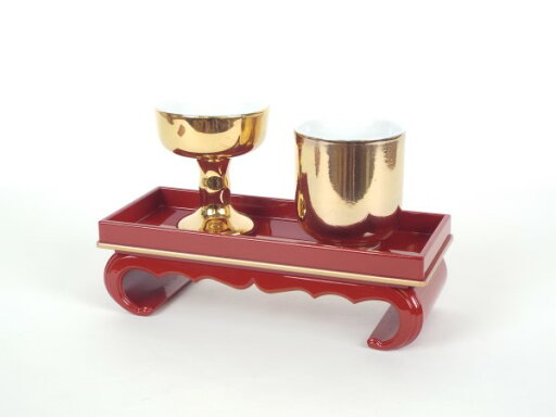 サンメニー仏器膳セット フチ金5寸朱色 総金仏器・湯呑【仏飯器】 サンメニー仏器膳セット フチ金5寸朱色 総金仏器・湯呑【仏飯器】