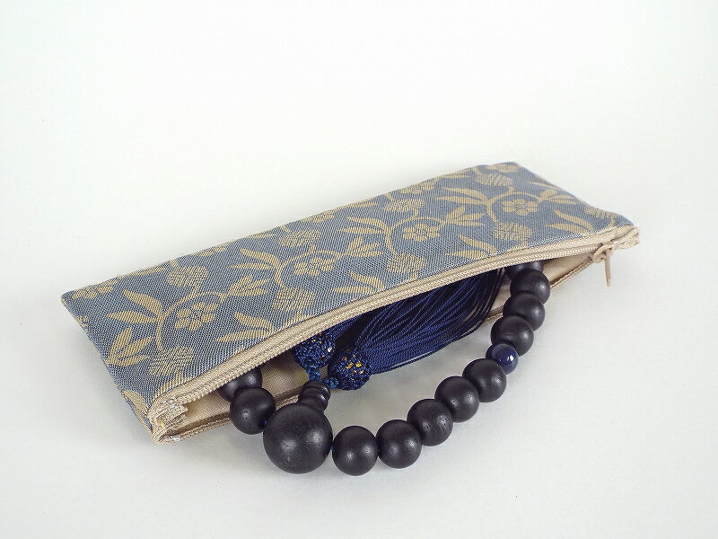 数珠入れ　念珠袋　ペンケース型　笹づる　灰色がかかったブルーです。