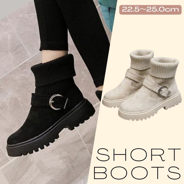 ソックス風ショートブーツ （カラー全2色） レディース ソックス風 ショートブーツ 2way ニットブーツ バックル ベルト 厚底ブーツ 歩きやすい ハイカット 防寒ブーツ あったか 英国風靴 美脚 ワークブーツ
