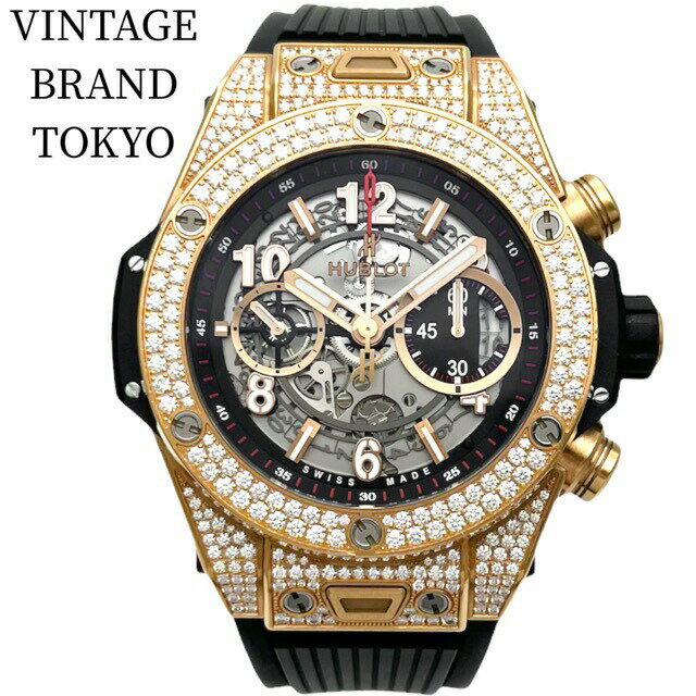 ウブロ 腕時計 メンズ ビッグバン ウニコ キングゴールド 18金 ダイヤモンド スケルトン HUBLOT 411.OX.1180.RX.1704 自動巻き チタン ラバー K18キングゴールド ゴールド ブラック 黒 人気【中古品】