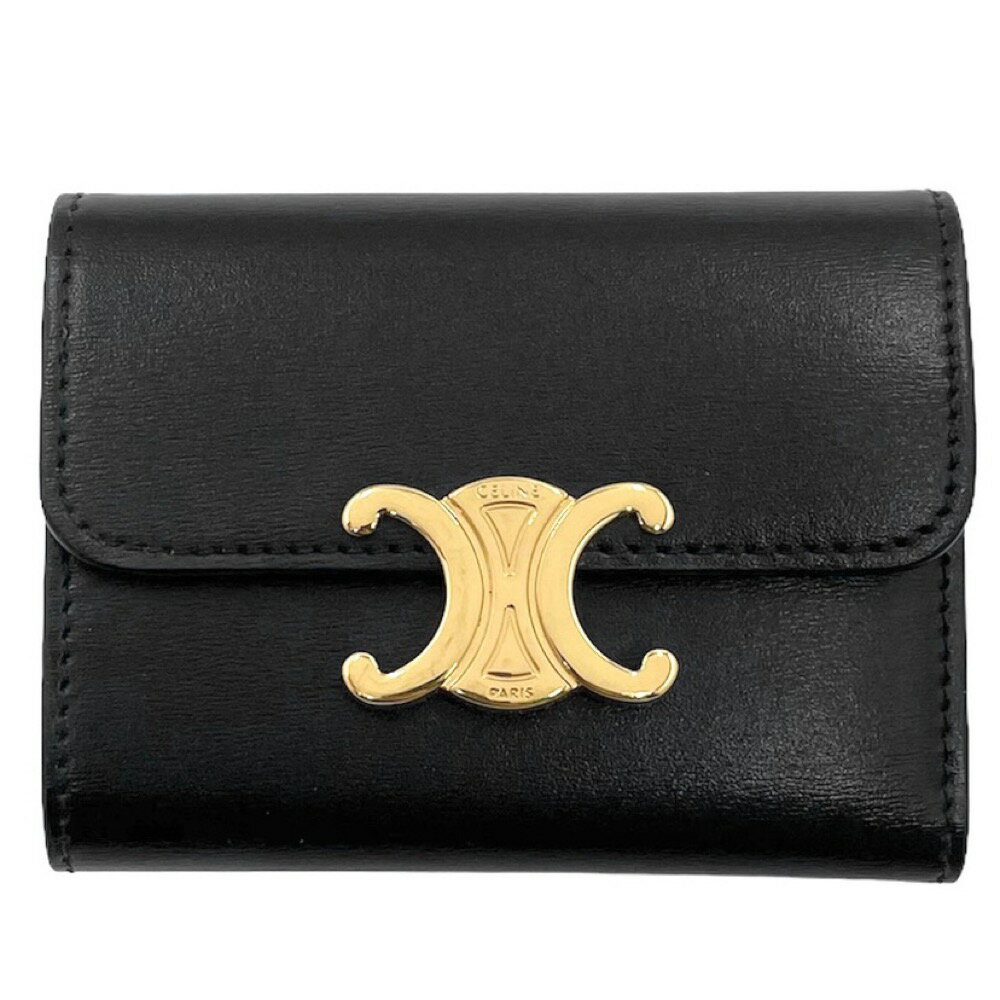 【年末初売り】 セリーヌ 三つ折り財布 レディース フラップ コイン入れ付きコンパクトウォレット トリオンフ ミニ財布 レザー CELINE 10I653DPV.38NO カーフ ブラック 黒 ゴールド金具 人気 美品【中古品】のサムネイル