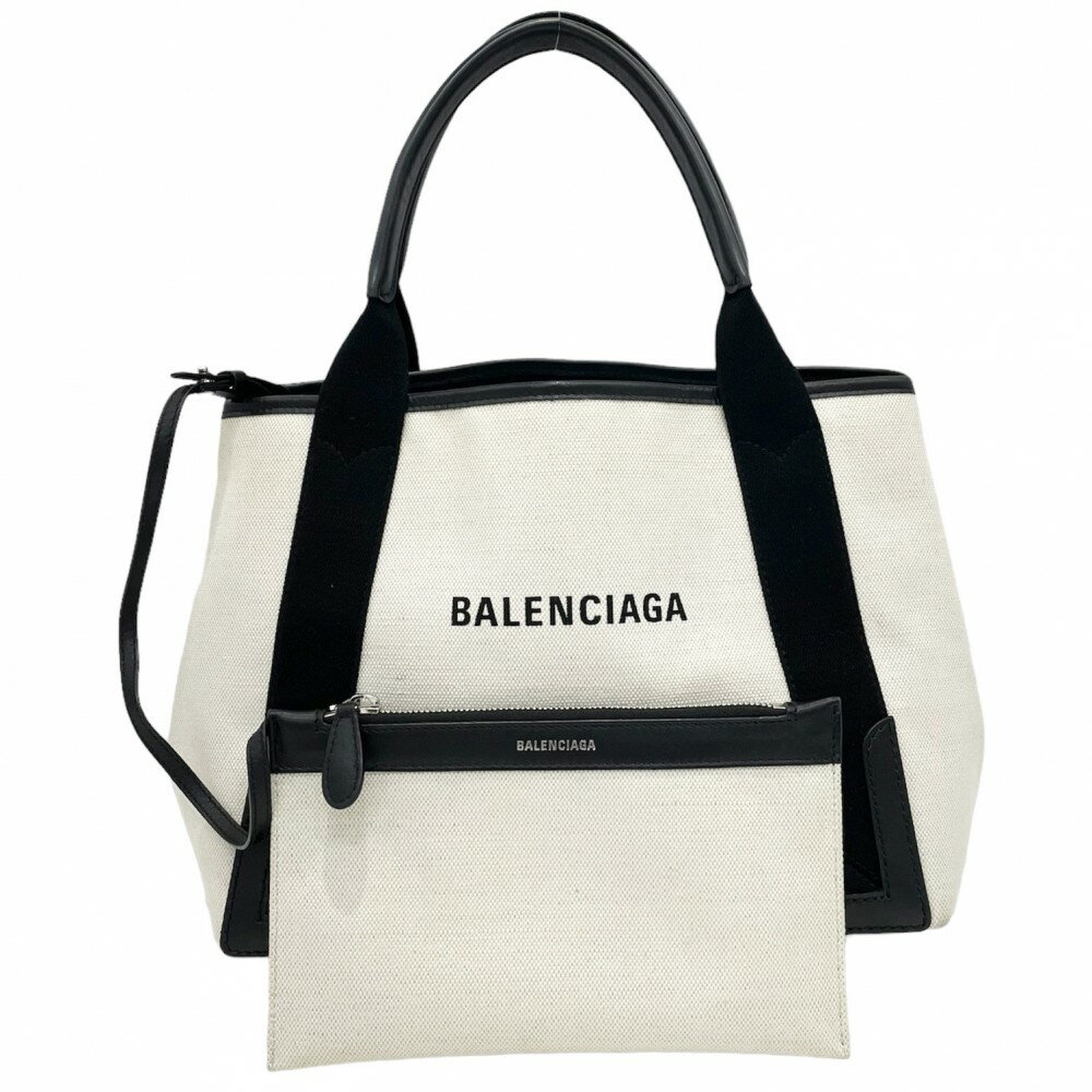 バレンシアガ ハンドバッグ レディース ネイビーカバスS トートバッグ ポーチ付き かばん 鞄 BALENCIAGA 339933 キャンバス カーフスキン オフホワイト ブラック 黒 シルバー金具【中古品】