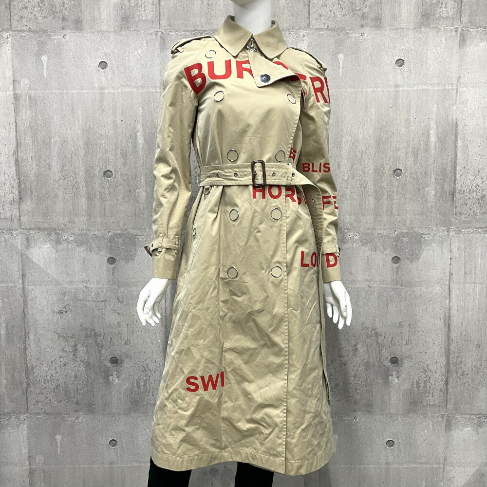 バーバリー コート レディース トレンチコート ロングコート ロゴプリント アパレル 服 アウター BURBERRY 36 ベージュ レッド 赤 シルバー金具 コットン 春 秋【中古品】