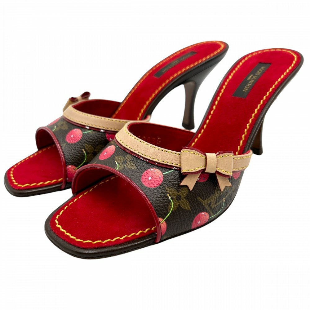 【在庫一掃】 ルイヴィトン サンダル レディース モノグラムチェリー ミュール ウッドソール オープントゥ 村上隆 靴 ヒール リボン 37サイズ LOUIS VUITTON ブラウン 茶 レッド 赤 美品【中古品】のサムネイル
