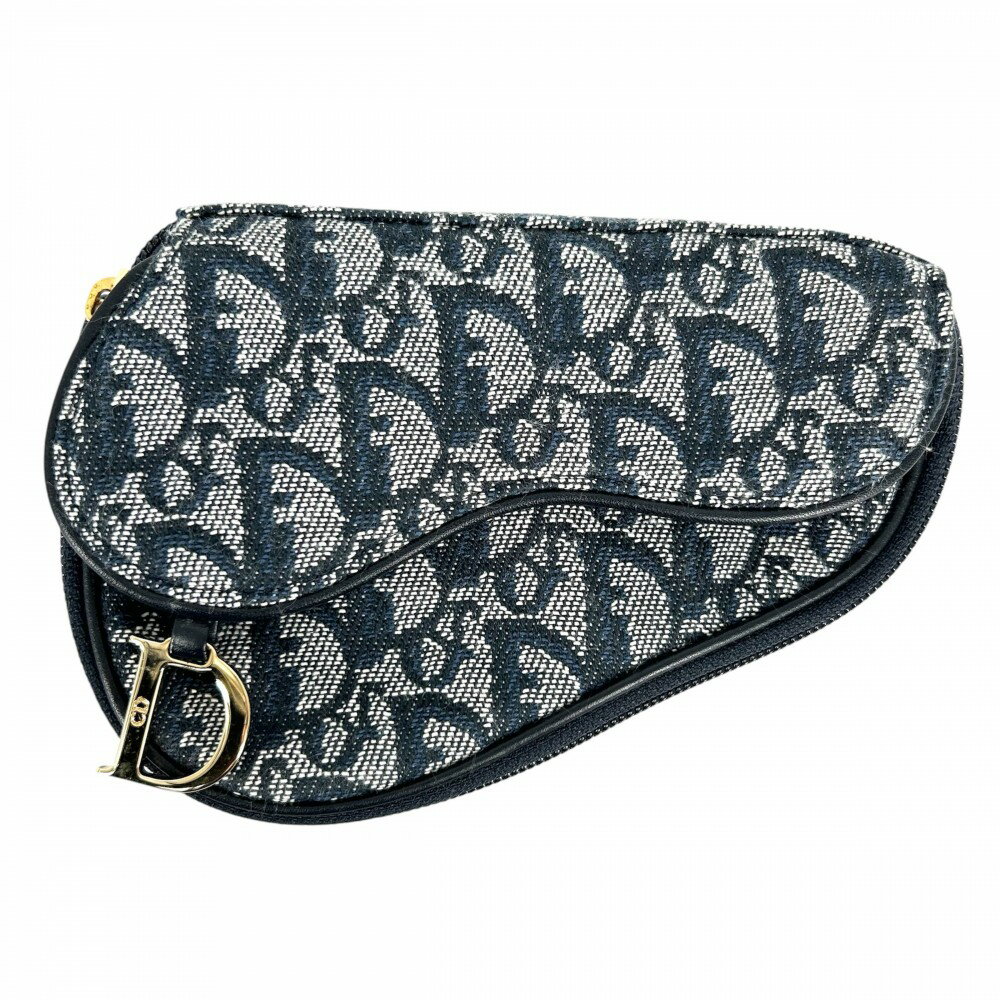 【売り尽くし】 クリスチャンディオール ポーチ レディース サドルポーチ トロッター コスメポーチ 小物入れ Christian Dior キャンバス レザー ネイビー 紺 ゴールド金具 美品【中古品】