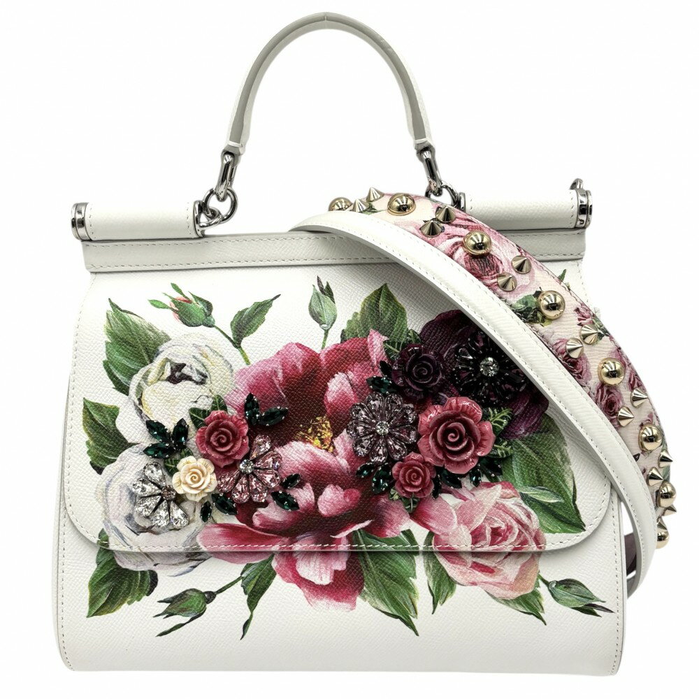 ドルチェアンドガッバーナ 2WAY レディース フラワー シシリー ハンドバッグ ショルダーバッグ 肩掛け 斜め掛け SICILY ドルガバ 鞄 かばん DOLCE&GABBANA BB6002 レザー ビジュー ホワイト 白 ピンク シルバー金具【中古品】のサムネイル