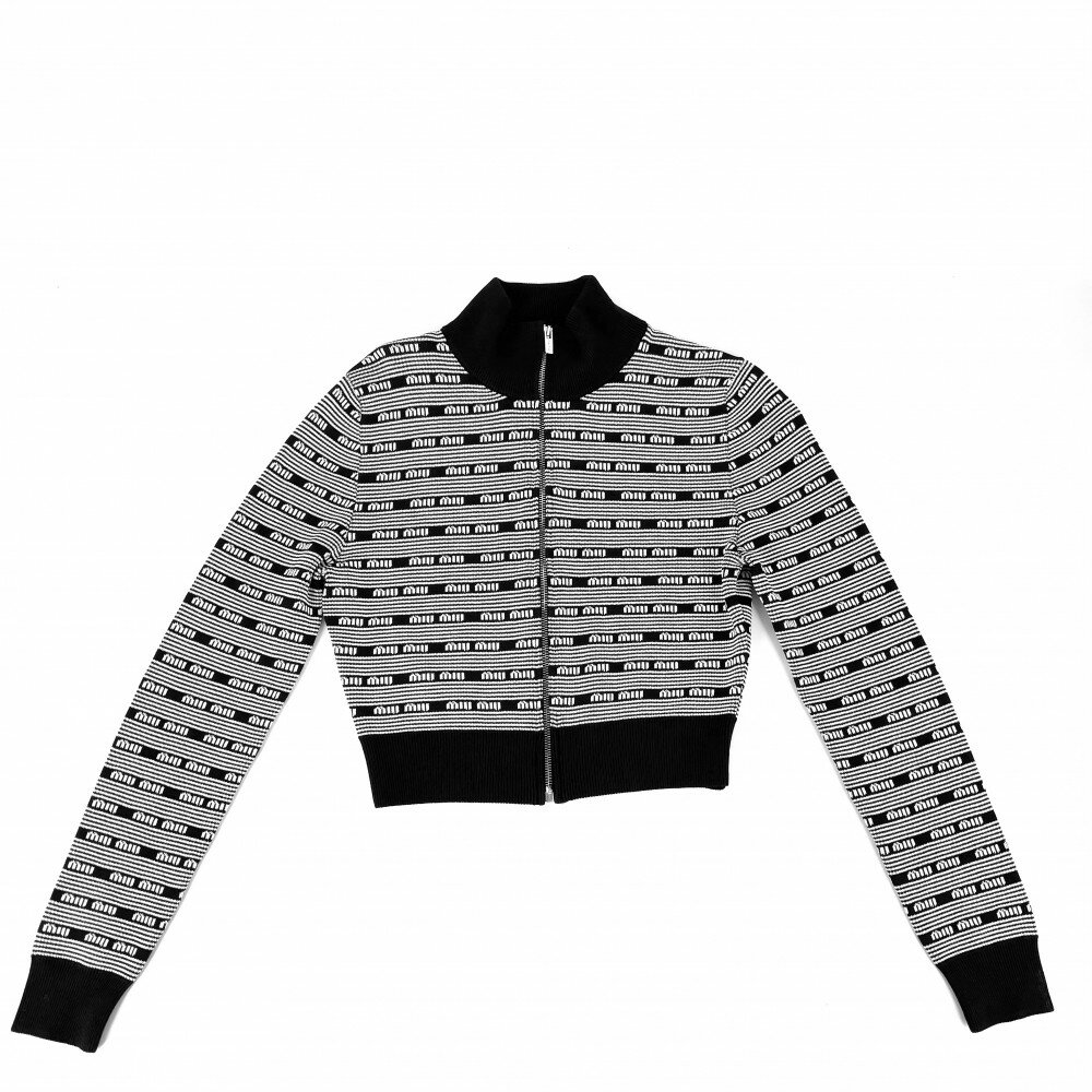 【在庫一掃】 ミュウミュウ アウター レディース ジップアップ ハイネック ロゴライン ボーダー アパレル 服 MIUMIU 40 MMF718 ブラック 黒 ホワイト 白 シルバー金具 レーヨン ポリアミド ポリエステル エラステイン 春 秋【中古品】