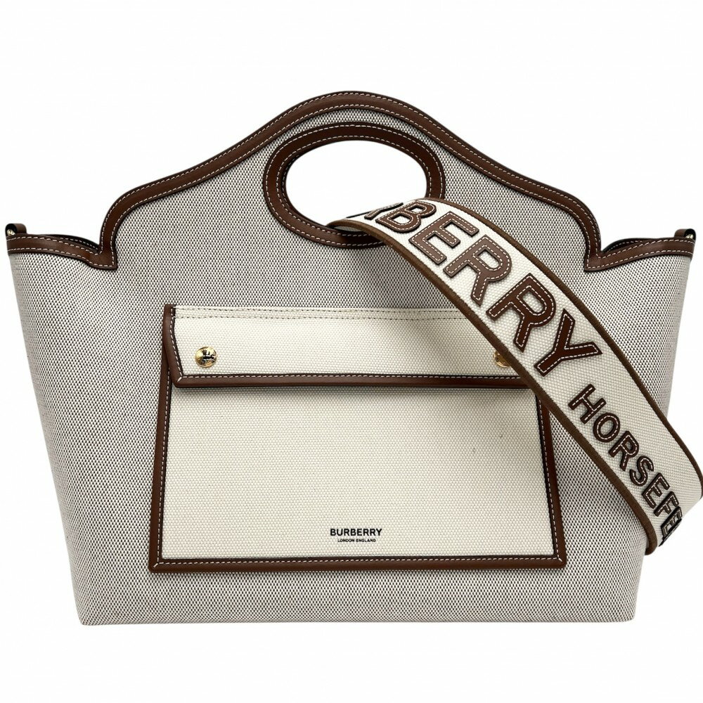 【ポイント10倍】 バーバリー 2WAY レディース ソフトポケットトート ハンドバッグ ショルダーバッグ 肩掛け 斜め掛け ベージュ BURBERRY 80418031 キャンバス カーフレザー ナチュラル ブラウン 茶 ゴールド金具 美品【中古品】