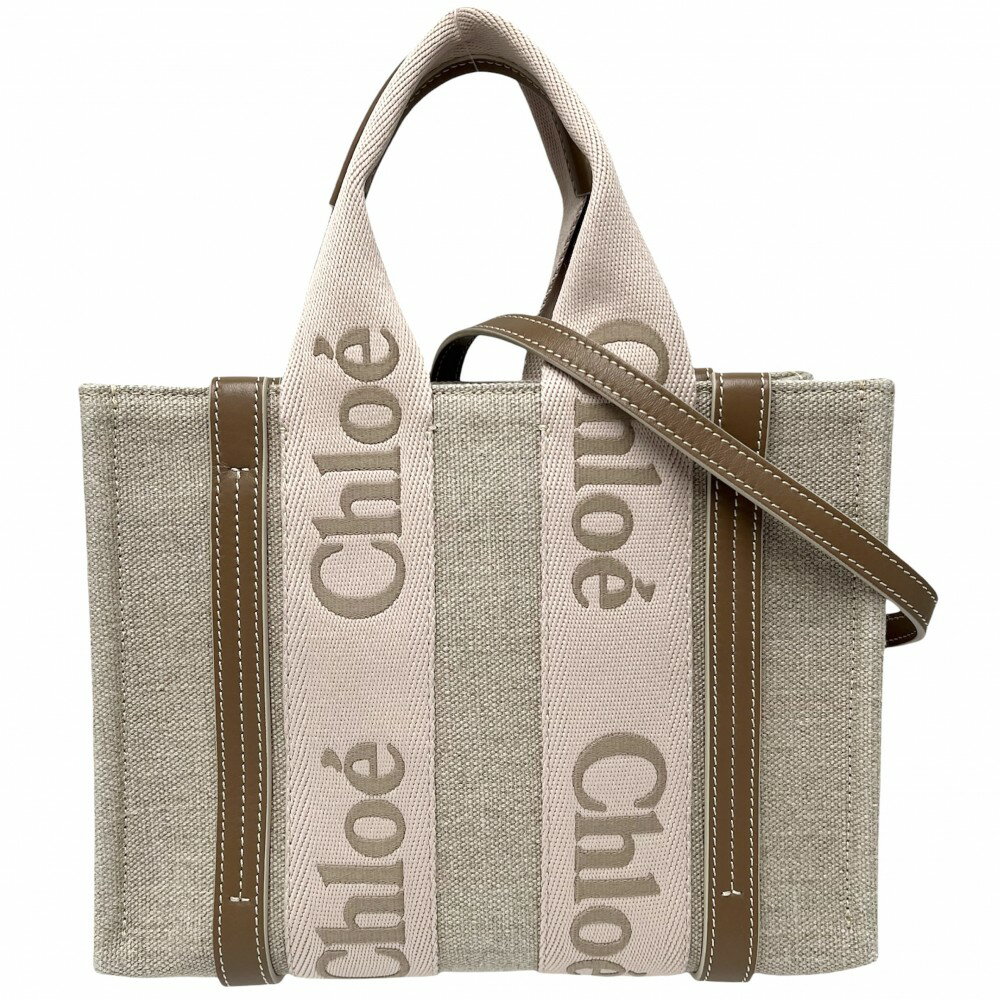 CHOLE - クロエ 2WAY レディース WOODY　ウッディ スモールトートバッグ ハンドバッグ ショルダーバッグ 肩掛け 斜め掛け Chloe CHC23AS397L1726Y リネンキャンバス カーフスキン ベージュ ブラウン 茶 ゴールド金具 美品【中古品】