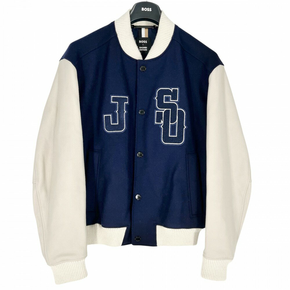 Rakuten - 【大売出し】 ボス ブルゾン メンズ 大谷翔平コラボ ベースボールジャケット BOSS X SHOHEI OHTANI アウター BOSS 48 10260760 ネイビー 紺 ホワイト 白 ブラック金具 ウール ナイロン 牛革 秋 冬 美品【中古品】