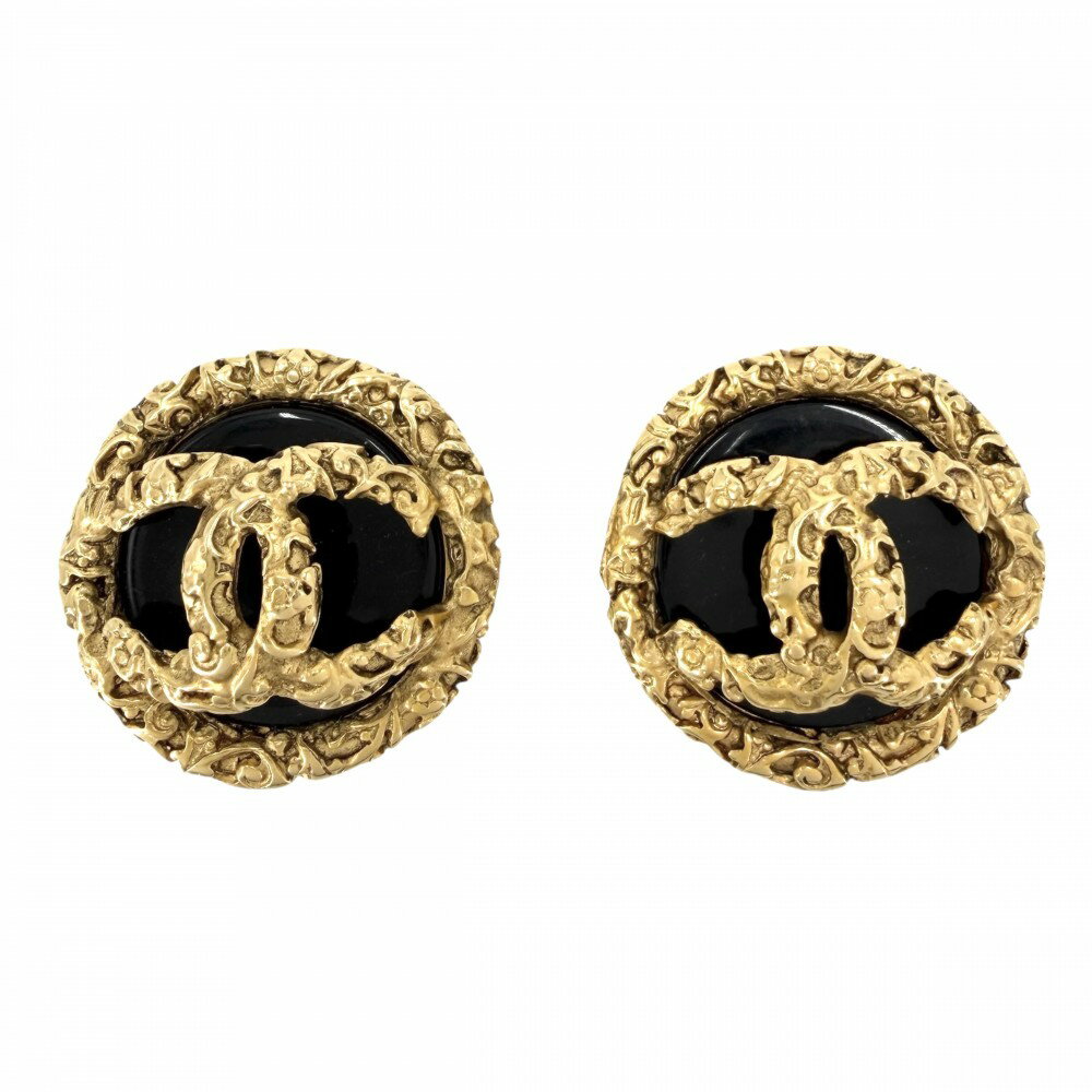 【エントリーでポイント10倍】 シャネル イヤリング レディース ラウンド アクセサリー ヴィンテージ ココマーク マグマ CHANEL GP カラーストーン 93A ゴールド ブラック 黒 約27.4g1993年【中古品】