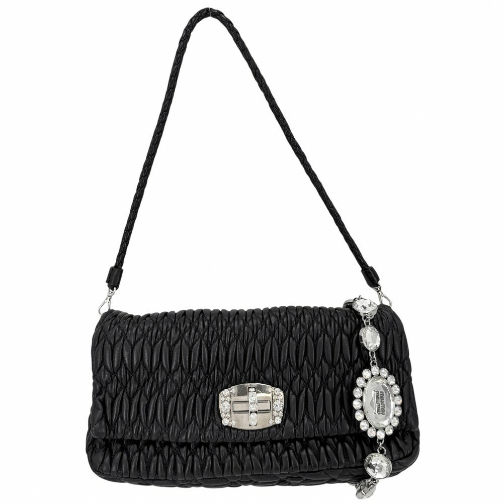 ミュウミュウ 2WAY レディース ナッパクリスタル マテラッセ ハンドバッグ ショルダーバッグ 肩掛け クラッチバッグ 鞄 かばん MIUMIU RP0233 レザー クリスタル ブラック 黒 シルバー金具【中古品】