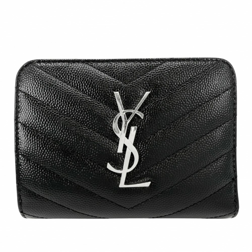 イヴ サンローラン 二つ折り財布 レディース Vステッチ YSLロゴ コンパクトジップアラウンドウォレット YVES SAINT LAURENT 403723 レザー ブラック 黒 シルバー金具【中古品】