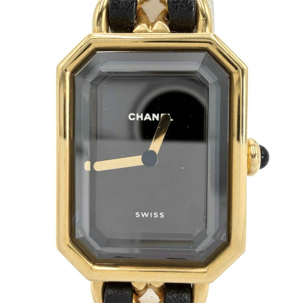 シャネル 腕時計 レディース プルミエールL ウォッチ 電池式 黒文字盤 QZ CHANEL クオーツ GP レザー ゴールド ブラック 黒【中古品】