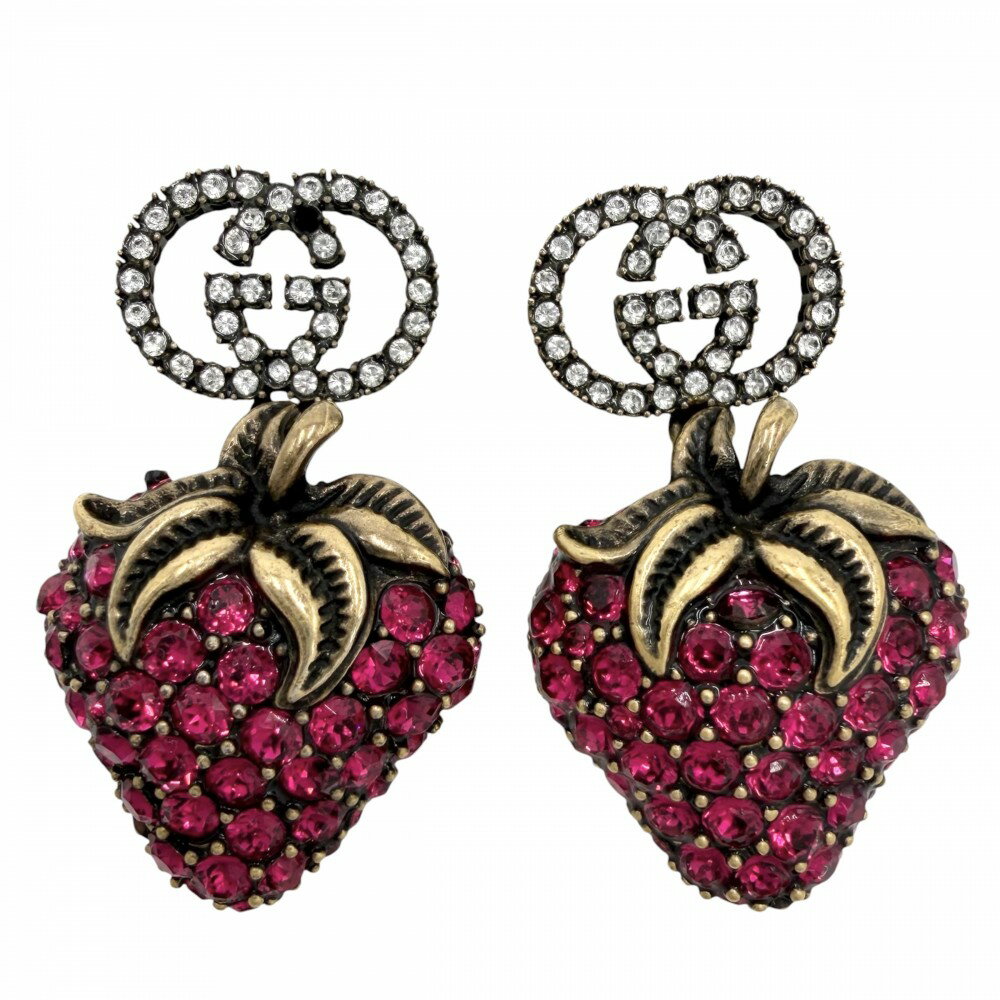 グッチ ピアス レディース ストロベリーモチーフ インターロッキングG アクセサリー 苺 GUCCI ラインストーン ピンク ゴールド 約13.3g【中古品】